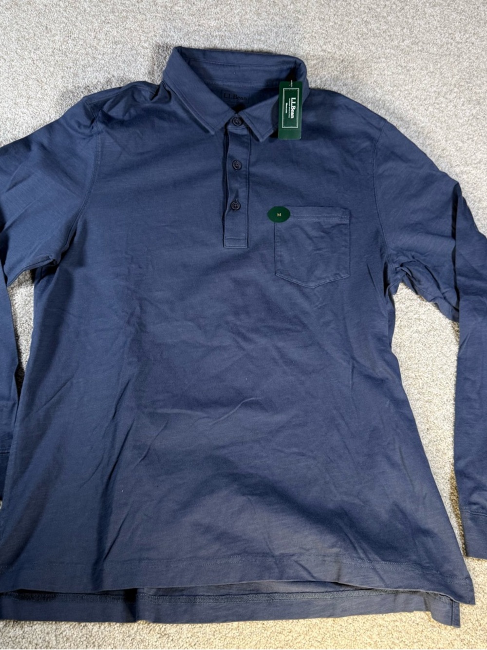 NEW L.L.Bean Organic Cotton Long Sleeve Pocket Polo Navy Blue Size Men’s Medium